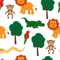 Seamless pattern cute animals lion parrot crocodile snake monkey and trees vector illustration Royalty Free Stock Photo